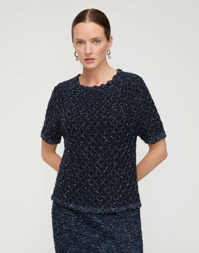 Lafayette 148 Petite Metallic Cotton Silk Short Sleeve Sweater In Blue