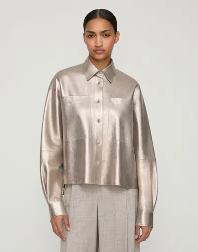 Lafayette 148 Petite Metallic Suede Oversized Boyfriend Shirt In Gold