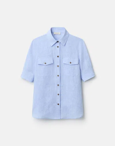 Lafayette 148 Petite Organic Linen Short Sleeve Shirt In Delphinium Blue Melange