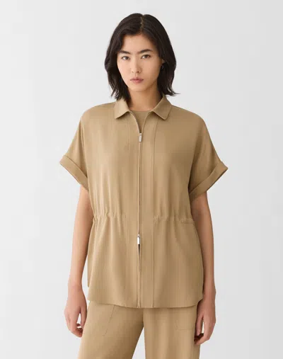 Lafayette 148 Petite Organic Silk Georgette Zip Front Blouse In Brown