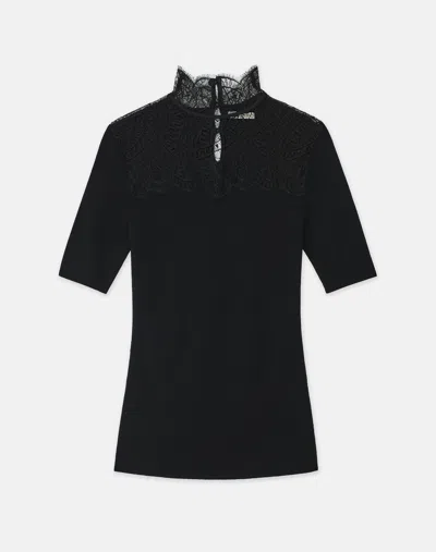Lafayette 148 Petite Responsible Fine Gauge Merino & Lace Trim Sweater In Black