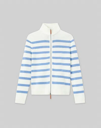 Lafayette 148 Petite Stripe Cotton-silk Zip Cardigan In Deep Blue Oasis