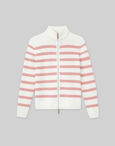 Lafayette 148 Petite Stripe Cotton-silk Zip Cardigan In Deep Pink Dusk