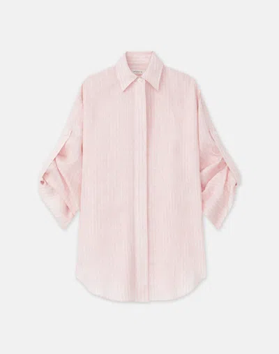 Lafayette 148 Petite Stripe Linen Tab Sleeve Blouse In Pink Dusk