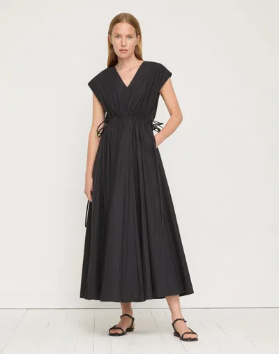 Lafayette 148 Petite Travel Cotton Drawstring V Neck Maxi Dress In Black
