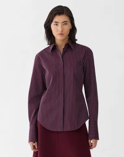Lafayette 148 Pinstripe Cotton Tailored Button Front Shirt In Burgundy