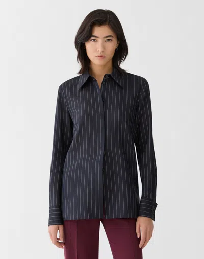 Lafayette 148 Pinstripe Silk Button Front French Cuff Blouse In Black