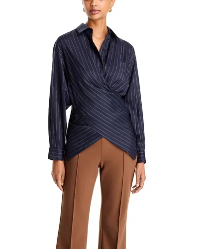 Lafayette 148 Pinstripe Silk Convertible Wrap Blouse In Blue