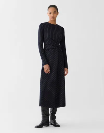 Lafayette 148 Pinstripe Wool Jersey Long Sleeve Midi Dress In Blue