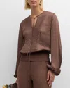 Lafayette 148 Pintuck Blouson-sleeve Satin Blouse In Wood