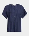 Lafayette 148 Pintuck Ladder Stitch Linen Blouse In Delft Melange
