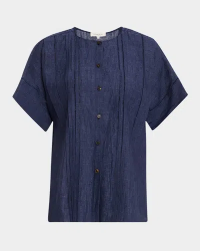 Lafayette 148 Pintuck Ladder Stitch Linen Blouse In Delft Melange