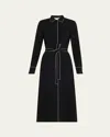 Lafayette 148 New York Contrast Piping Long Sleeve Finesse Crepe Belted Shirtdress In Black