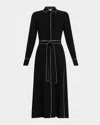 Lafayette 148 New York Contrast Piping Long Sleeve Finesse Crepe Belted Shirtdress In Black