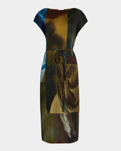 Lafayette 148 Pleated Abstract-print Midi Dress In Burnt Sienna Multi