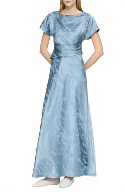 LAFAYETTE 148 PLEATED DOLMAN-SLEEVE JACQUARD MAXI DRESS IN PAPER BLUE