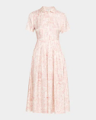 Lafayette 148 Pleated Landmarks-print Silk Twill Midi Shirtdress In Pink