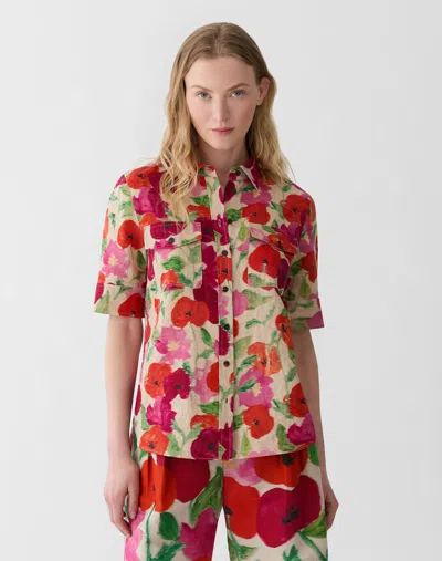 Lafayette 148 Plus Size Blossom Print Organic Linen Shirt In Cadet Khaki Multi