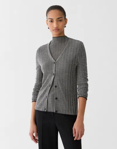 Lafayette 148 Plus Size Cashmere Herringbone V-neck Cardigan In Black/buff