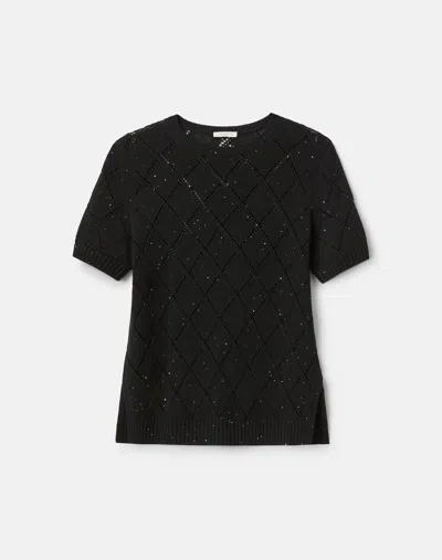 Lafayette 148 Plus Size Cashmere Sequin Silk Argyle Sweater In Black Metallic