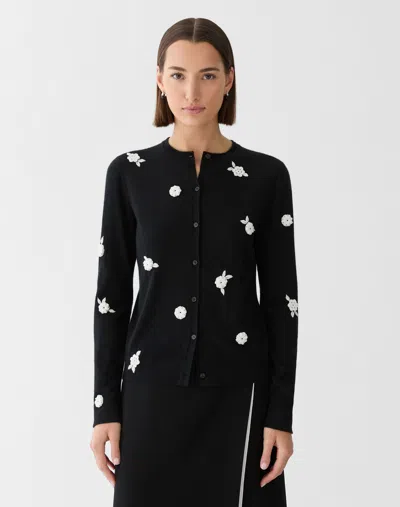 Lafayette 148 Plus Size Floral Cashmere Hand Embellished Cardigan In Black