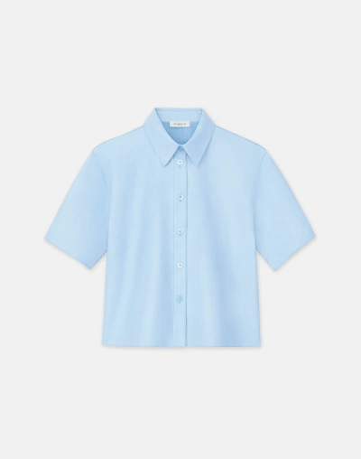 Lafayette 148 Plus-size Lambskin Leather Short Sleeve Shirt In Blue