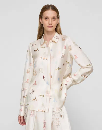 Lafayette 148 Plus Size Manhattan Print Silk Button Front Blouse In Cloud Multi