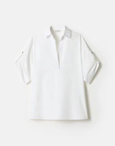 Lafayette 148 Plus-size Organic Cotton Poplin Tab Sleeve Popover Shirt In White