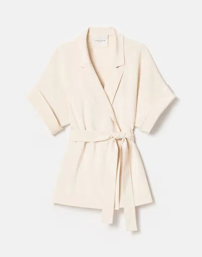 Lafayette 148 Plus-size Organic Silk Crepe De Chine Short Sleeve Belted Jacket In Beige