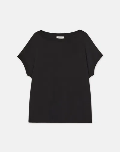 Lafayette 148 Plus-size Organic Silk Stretch Georgette Knit Trim Tshirt Blouse In Black