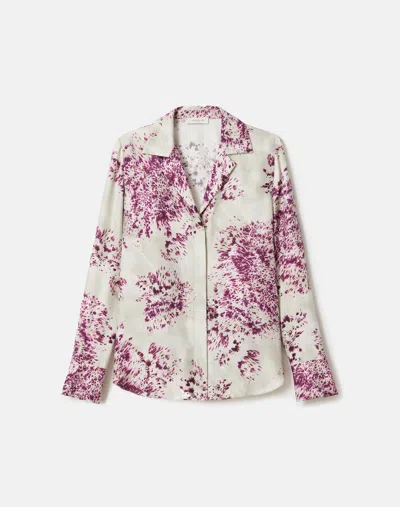 Lafayette 148 Plus Size Printed Silk Collared Long Sleeve Blouse In Violet Ash Multi