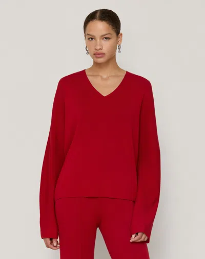 Lafayette 148 Plus Size Ribbed Crepe V Neck Sweater In Red