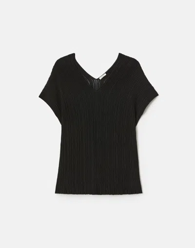 Lafayette 148 Plus-size Ribbed Knit V Neck Short Sleeve Top In Black