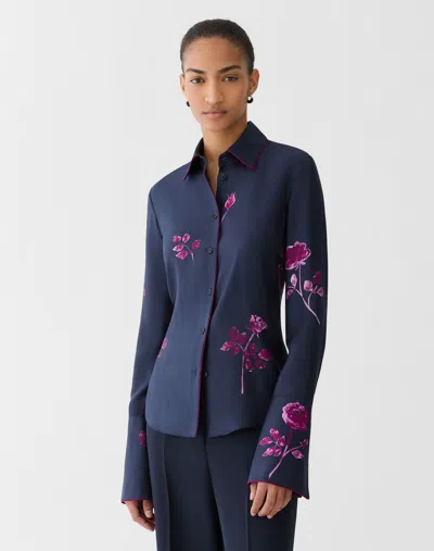 Lafayette 148 Plus Size Rose Print Silk Twill French Cuff Blouse In Blue