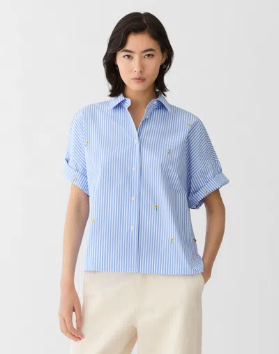 Lafayette 148 Plus Size Stripe Cotton Floral Embroidered Shirt In Blue Hydrangea Multi