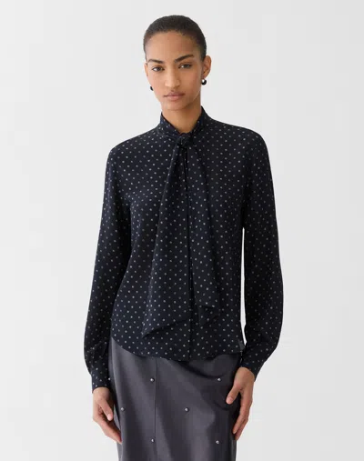 Lafayette 148 Polka Dot Print Silk Tie Neck Blouse In Blue