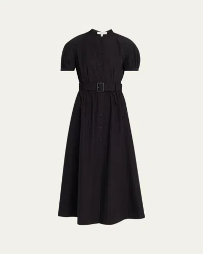 Lafayette 148 New York Puff Sleeve Belted Cotton Poplin Shirt Dress In Black