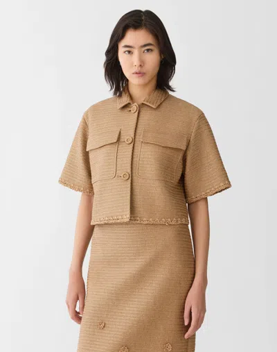 Lafayette 148 Raffia Effect Floral Embellished Cropped Jacket In Brown