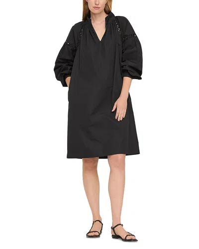 Lafayette 148 New York Soutache Trim Long Sleeve Organic Cotton Poplin Popover Dress In Black