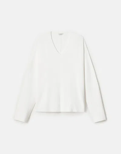 Lafayette 148 Responsible Matte Crepe Ribbed V-neck Sweater In White