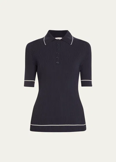 Lafayette 148 Ribbed Elbow-sleeve Polo T-shirt In Ink Multi