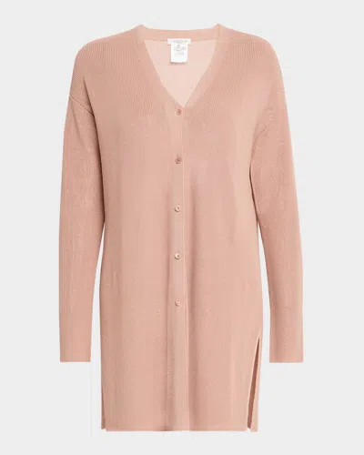 Lafayette 148 Ribbed Side-slit Cotton Cardigan In Powder