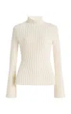 Lafayette 148 Ribbed Wool-cashmere Bell-sleeve Sweater In White