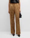 Lafayette 148 Petite Floating Leaves Print Textured Silk Satin Riverside Pant In Camel Multi