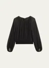 Lafayette 148 Ruched Balloon-sleeve Silk Georgette Blouse In Black