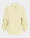 Lafayette 148 Ruched-sleeve Button-down Shirt In Chartreuse Multi