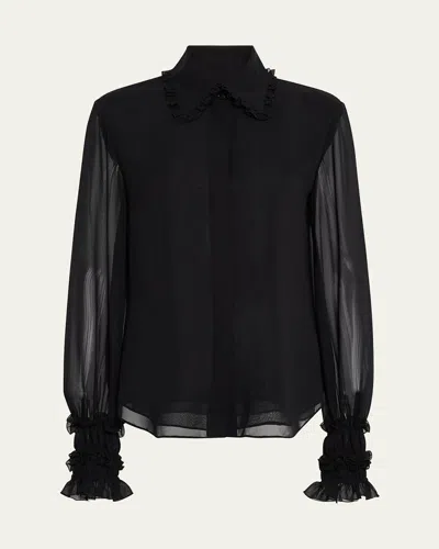 Lafayette 148 Ruffle-trim Silk Blouse In Black