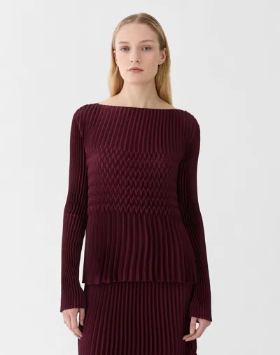 Lafayette 148 Satin Plisse Long Sleeve Blouse In Burgundy
