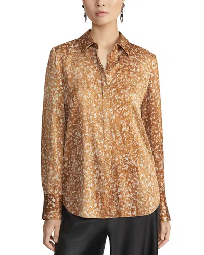 Lafayette 148 Plus-size Floating Leaves Print Textured Silk Satin Button Blouse In Camel Multi