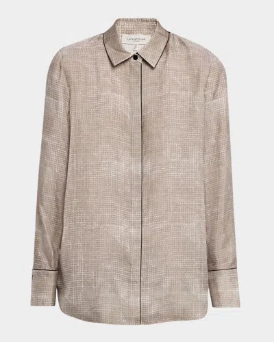 Lafayette 148 Scottie Houndstooth-print Silk Twill Blouse In Neutral